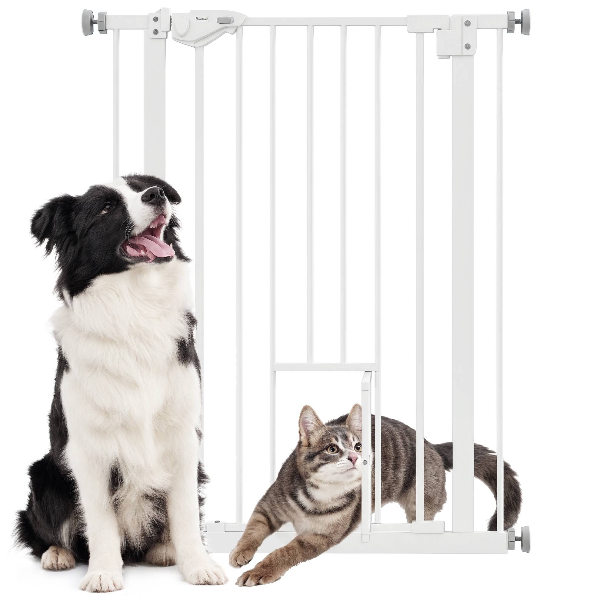 Sans Marque - Barrière de porte avec chatière, sans perçage, largeur variable 74-80 cm, ouverture à une main, métal, blanc - Image 1