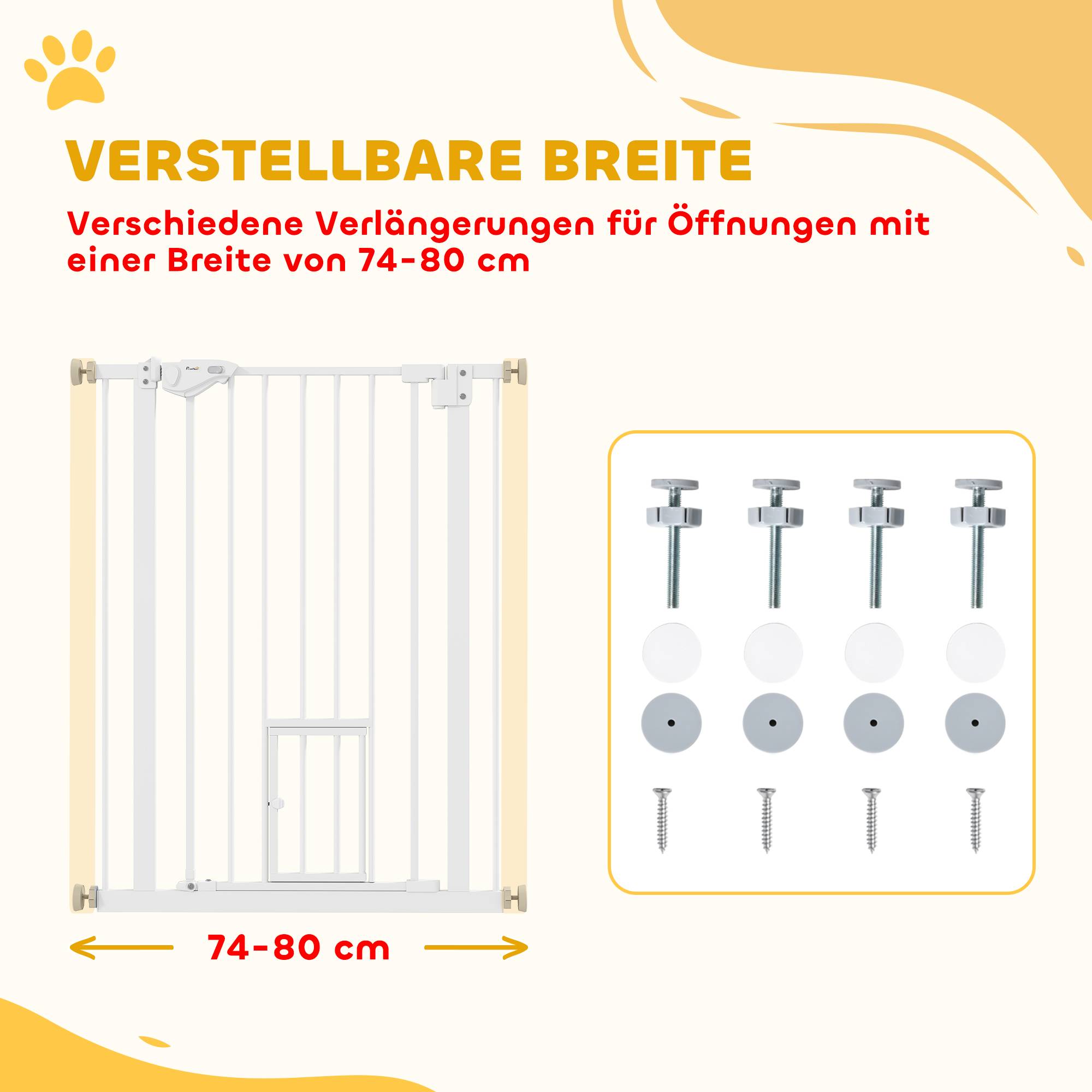 Sans Marque - Barrière de porte avec chatière, sans perçage, largeur variable 74-80 cm, ouverture à une main, métal, blanc - Image 6