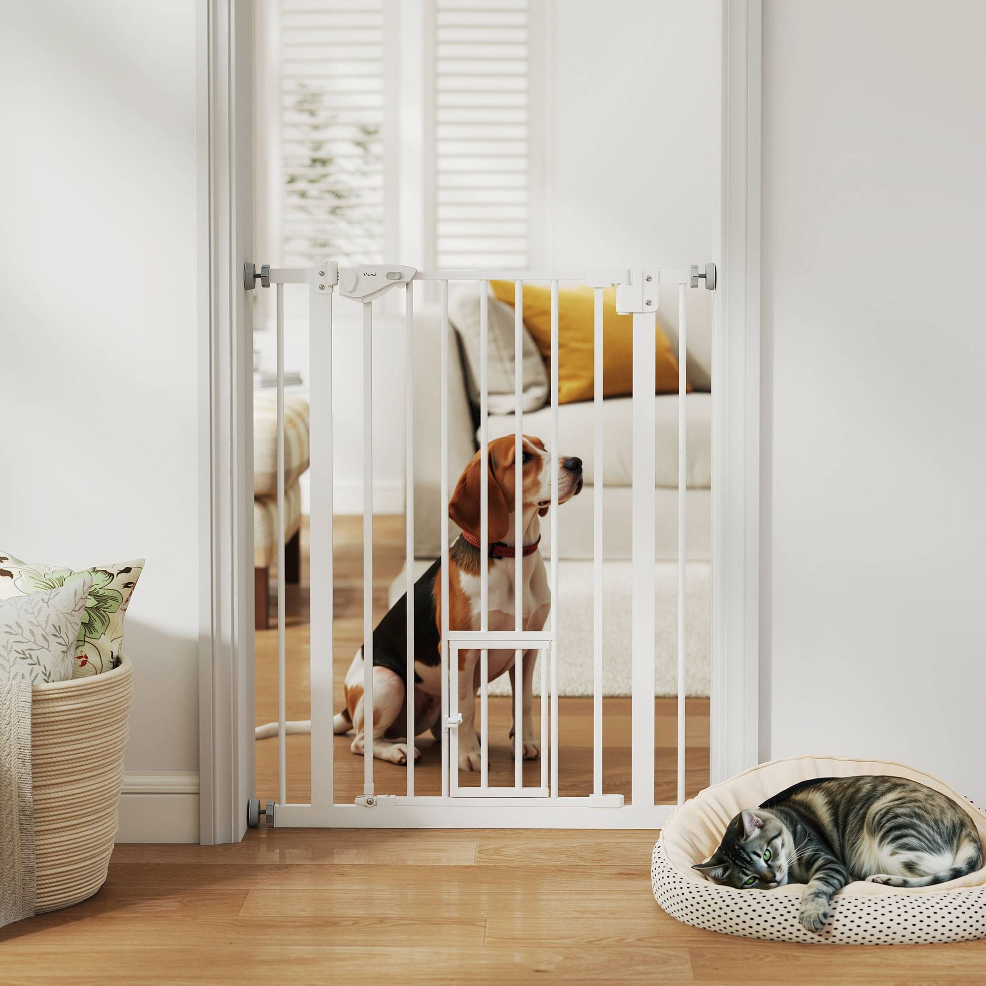 Sans Marque - Barrière de porte avec chatière, sans perçage, largeur variable 74-80 cm, ouverture à une main, métal, blanc - Image 4