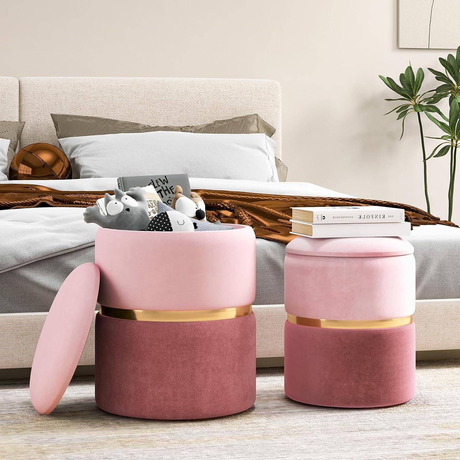 Lot de 2 Tabouret Pouf en Velours, Pouf Rond avec Grand Espace de Rangement, pour Salon,Rose - Image 2