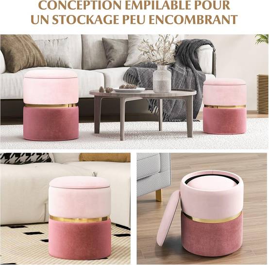 Lot de 2 Tabouret Pouf en Velours, Pouf Rond avec Grand Espace de Rangement, pour Salon,Rose - Image 8
