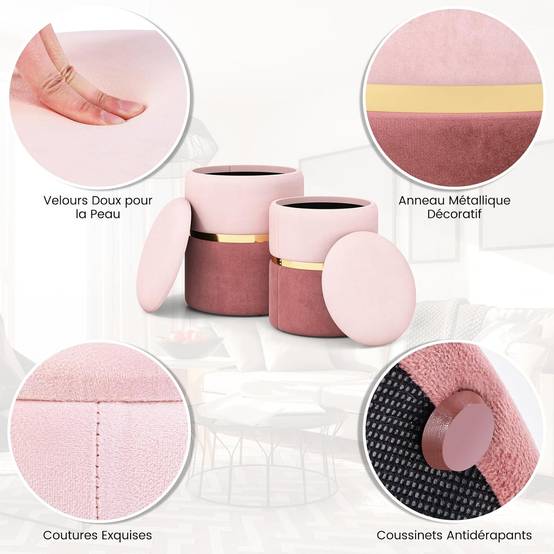 Lot de 2 Tabouret Pouf en Velours, Pouf Rond avec Grand Espace de Rangement, pour Salon,Rose - Image 7