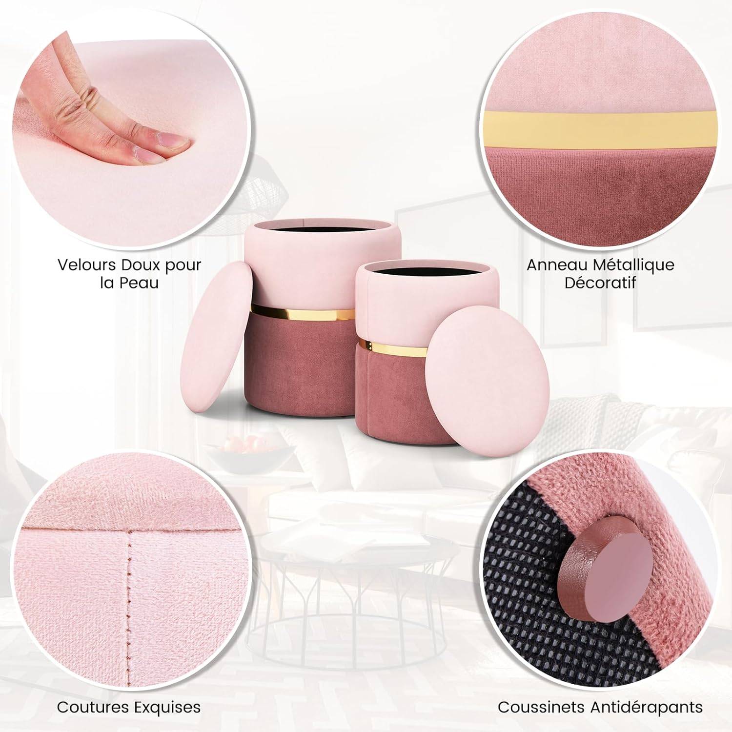 Lot de 2 Tabouret Pouf en Velours, Pouf Rond avec Grand Espace de Rangement, pour Salon,Rose - Image 7