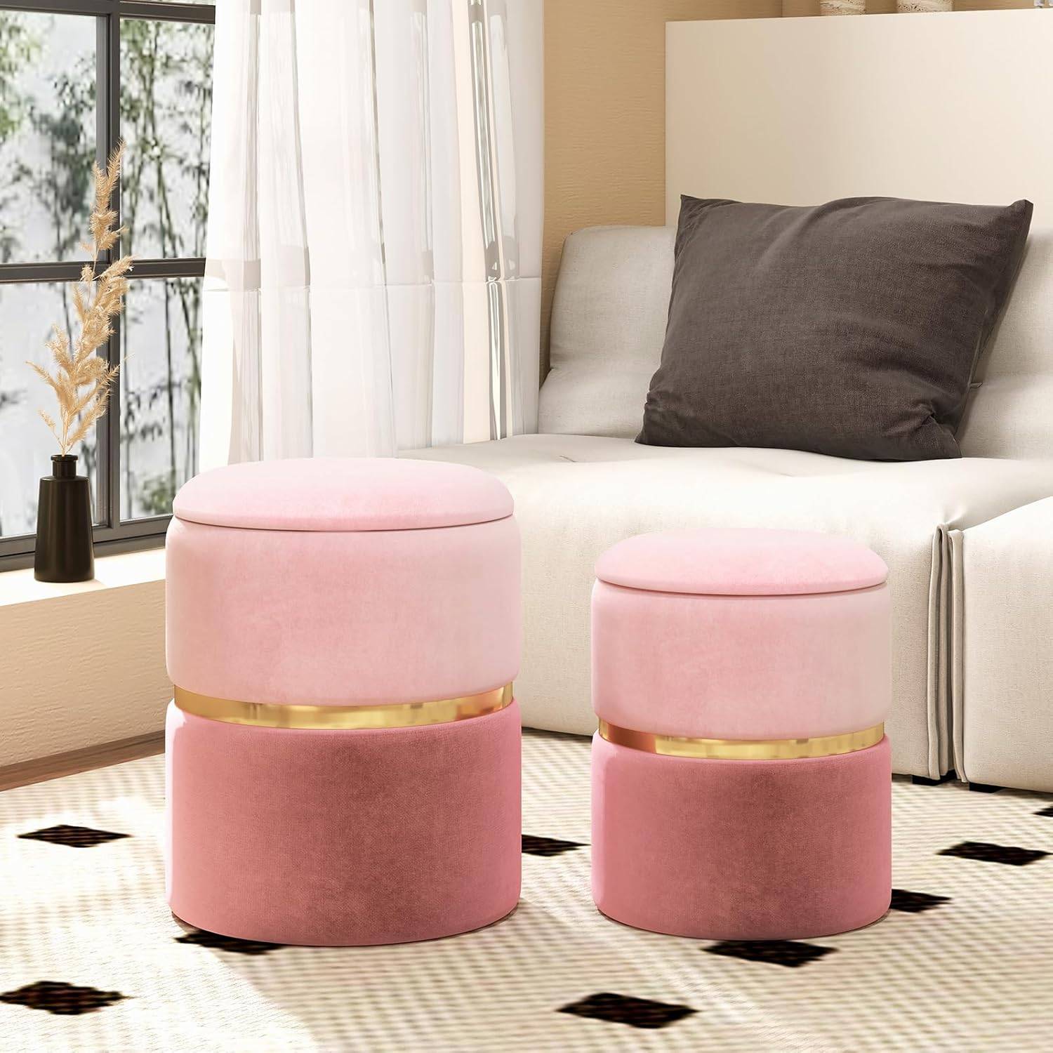 Lot de 2 Tabouret Pouf en Velours, Pouf Rond avec Grand Espace de Rangement, pour Salon,Rose - Image 3