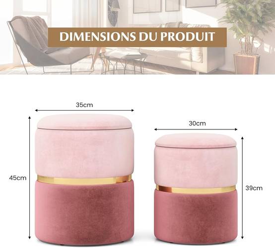 Lot de 2 Tabouret Pouf en Velours, Pouf Rond avec Grand Espace de Rangement, pour Salon,Rose - Image 4