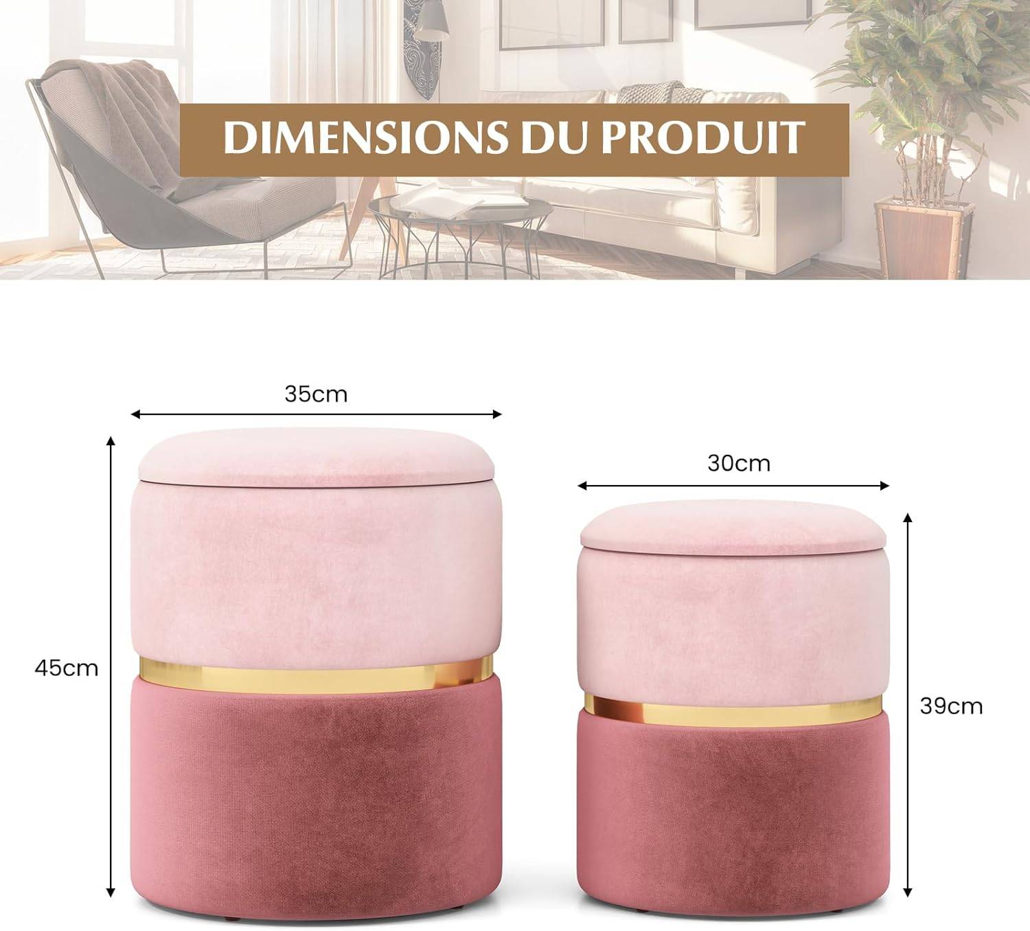 Lot de 2 Tabouret Pouf en Velours, Pouf Rond avec Grand Espace de Rangement, pour Salon,Rose - Image 4