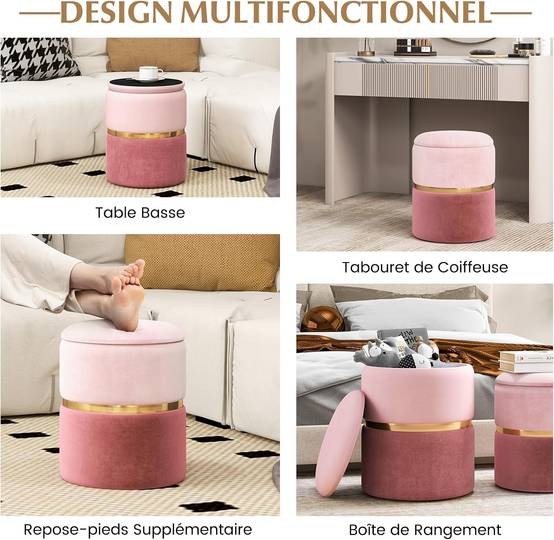 Lot de 2 Tabouret Pouf en Velours, Pouf Rond avec Grand Espace de Rangement, pour Salon,Rose - Image 5