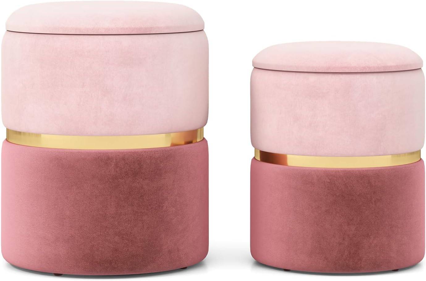 Lot de 2 Tabouret Pouf en Velours, Pouf Rond avec Grand Espace de Rangement, pour Salon,Rose - Image 6