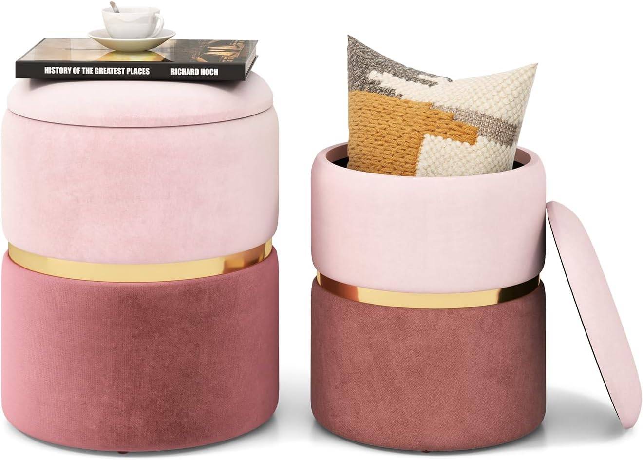 Lot de 2 Tabouret Pouf en Velours, Pouf Rond avec Grand Espace de Rangement, pour Salon,Rose - Image 1