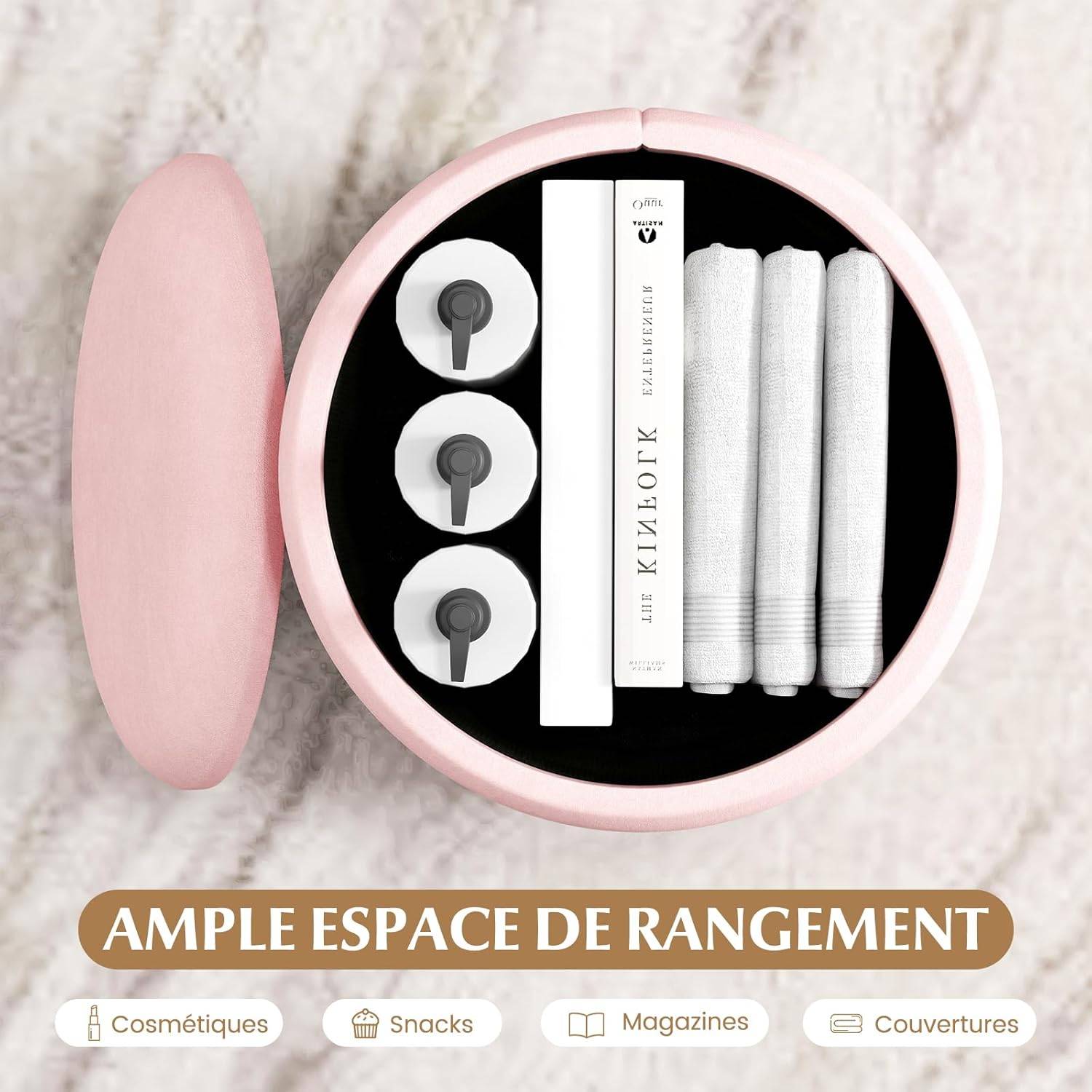 Lot de 2 Tabouret Pouf en Velours, Pouf Rond avec Grand Espace de Rangement, pour Salon,Rose - Image 9