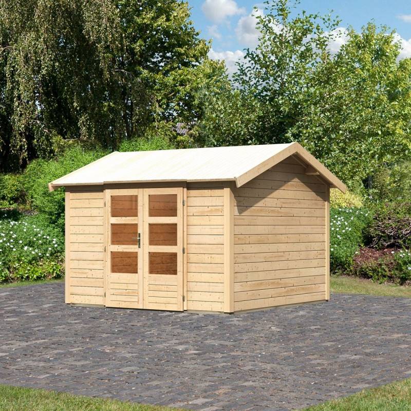 Abri de jardin bois épicéa 9,24m² double pente avec embase autoclave Karibu Theres 7 marron - Image 1