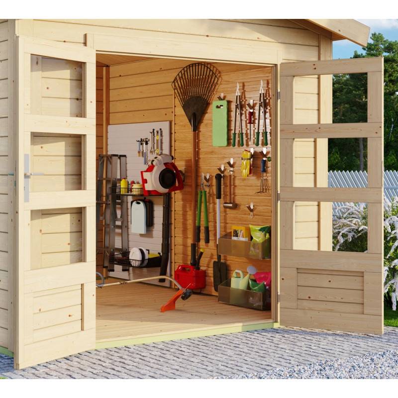 Abri de jardin bois épicéa 9,24m² double pente avec embase autoclave Karibu Theres 7 marron - Image 4