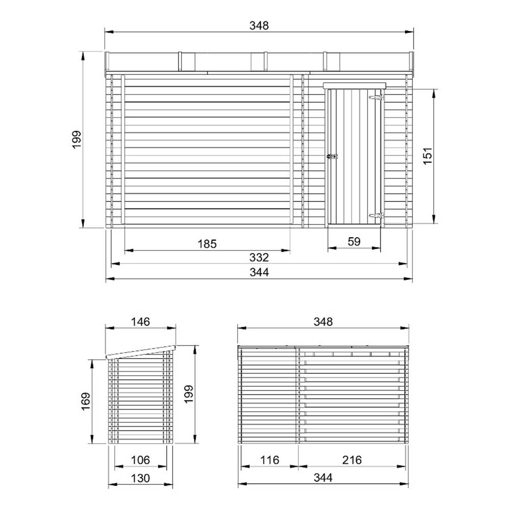 Timbela - Cabane de jardin avec toit plat - 2,54+1,1m² / 348x146cm - Abri de jardin + Chalet pour vélos/Bucher/Abri conteneur - 19 mm d’épaisseur - Timbela M205 - Image 5