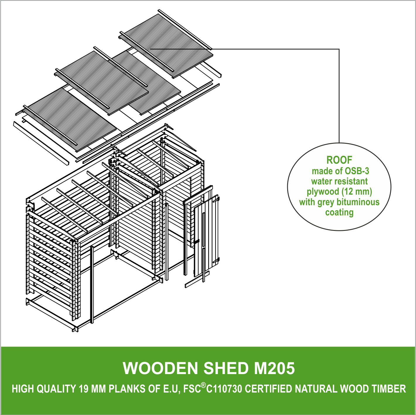 Timbela - Cabane de jardin avec toit plat - 2,54+1,1m² / 348x146cm - Abri de jardin + Chalet pour vélos/Bucher/Abri conteneur - 19 mm d’épaisseur - Timbela M205 - Image 7