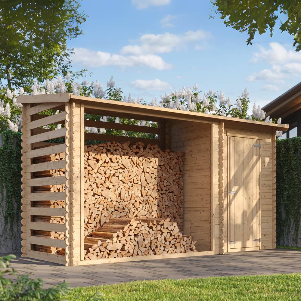 Timbela - Cabane de jardin avec toit plat - 2,54+1,1m² / 348x146cm - Abri de jardin + Chalet pour vélos/Bucher/Abri conteneur - 19 mm d’épaisseur - Timbela M205 - Image 1