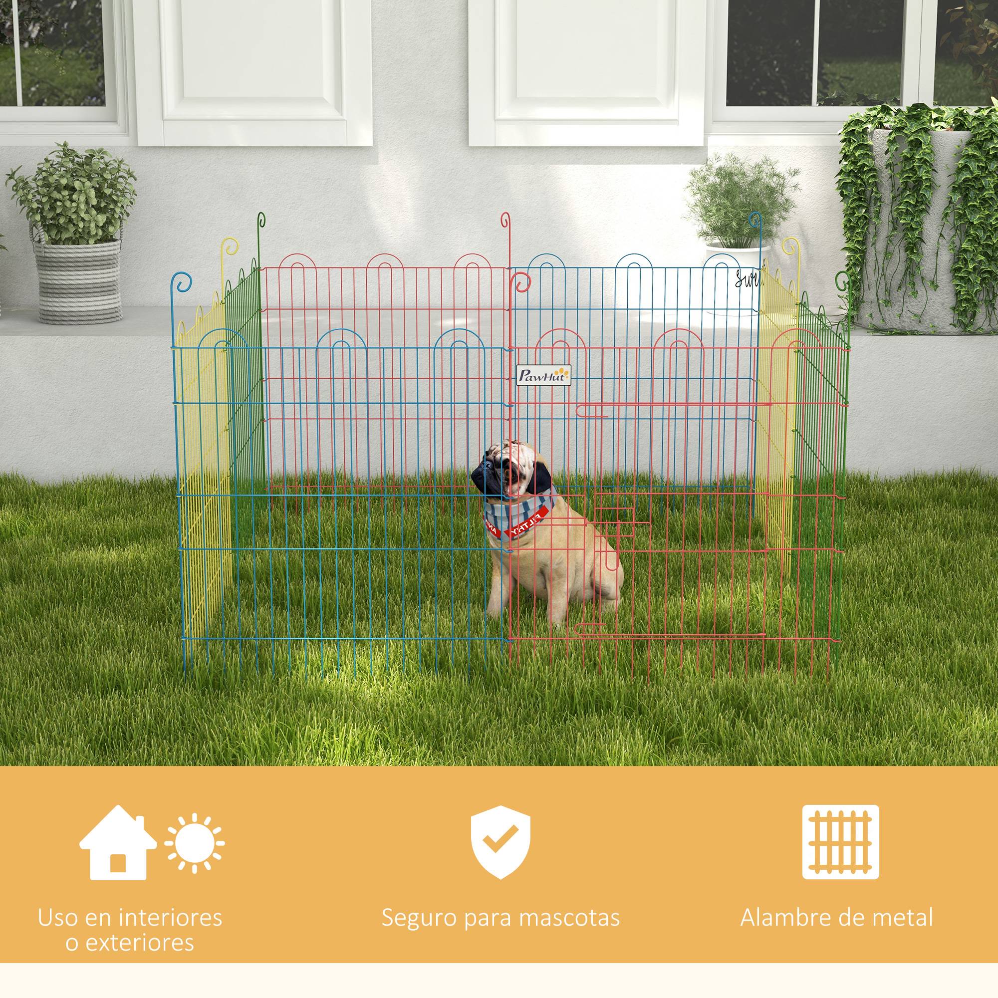 Parc pour Chien Pliable 8 Panneaux Ø156 x 60 cm, Clôture Métal avec Portail et Piquets, Intérieur et Extérieur, Multicolore - Image 9