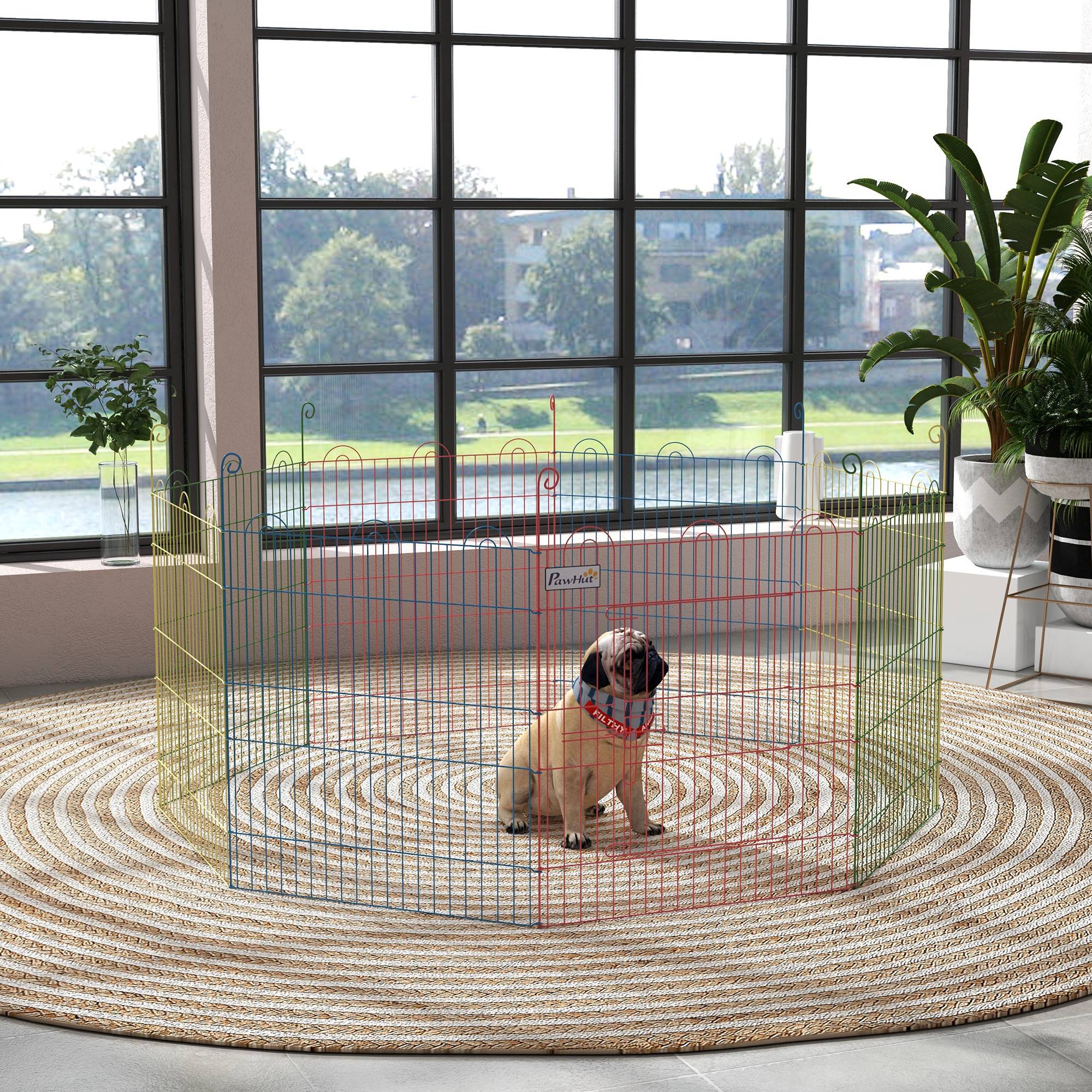 Parc pour Chien Pliable 8 Panneaux Ø156 x 60 cm, Clôture Métal avec Portail et Piquets, Intérieur et Extérieur, Multicolore - Image 4