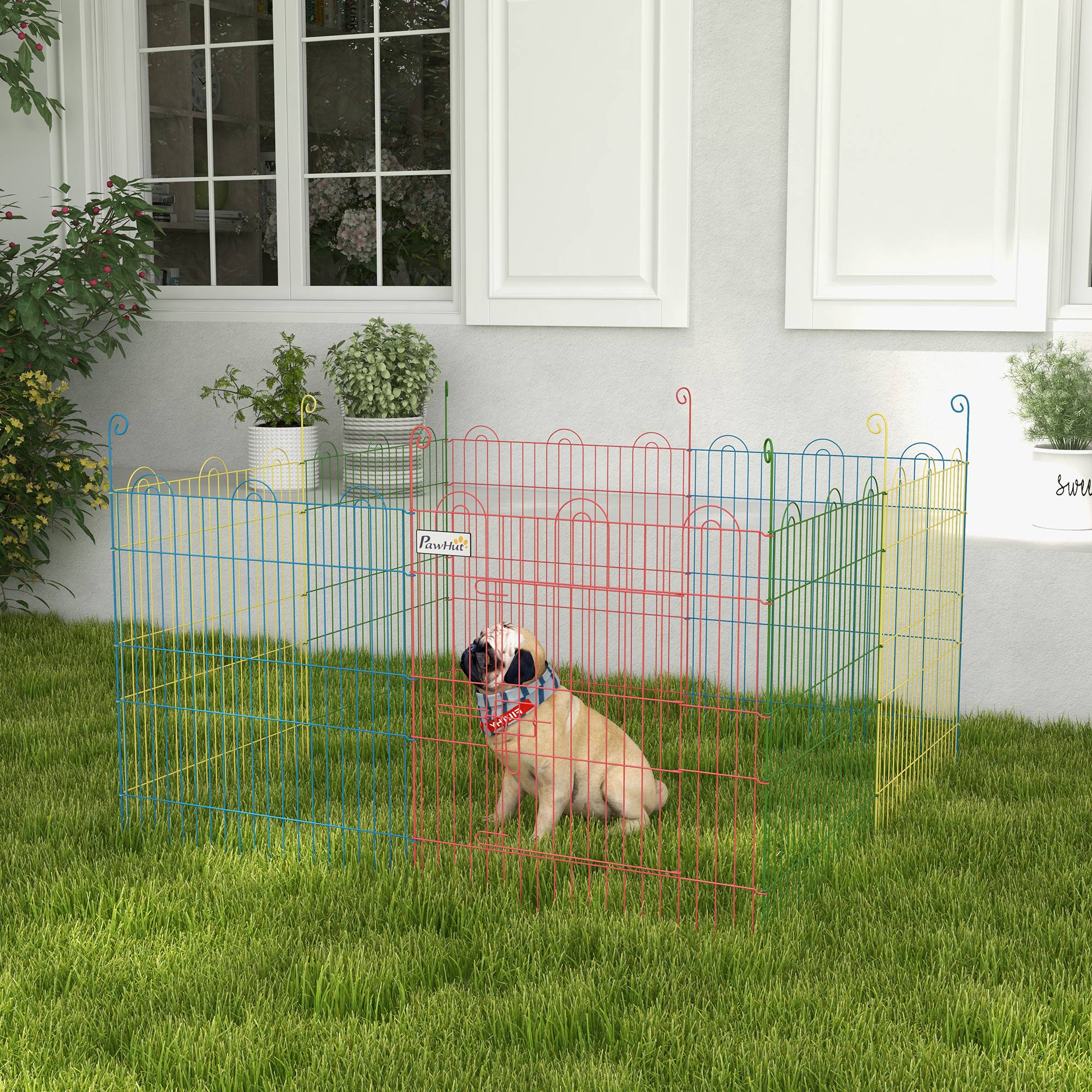 Parc pour Chien Pliable 8 Panneaux Ø156 x 60 cm, Clôture Métal avec Portail et Piquets, Intérieur et Extérieur, Multicolore - Image 3