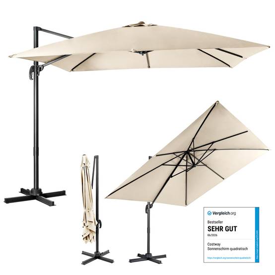 Parasol Déporté Inclinable 3x3M, Parasol de Jardin Extérieur Pliable, Base Croisée Rotatifà 360° Protection UV, Beige - Image 1