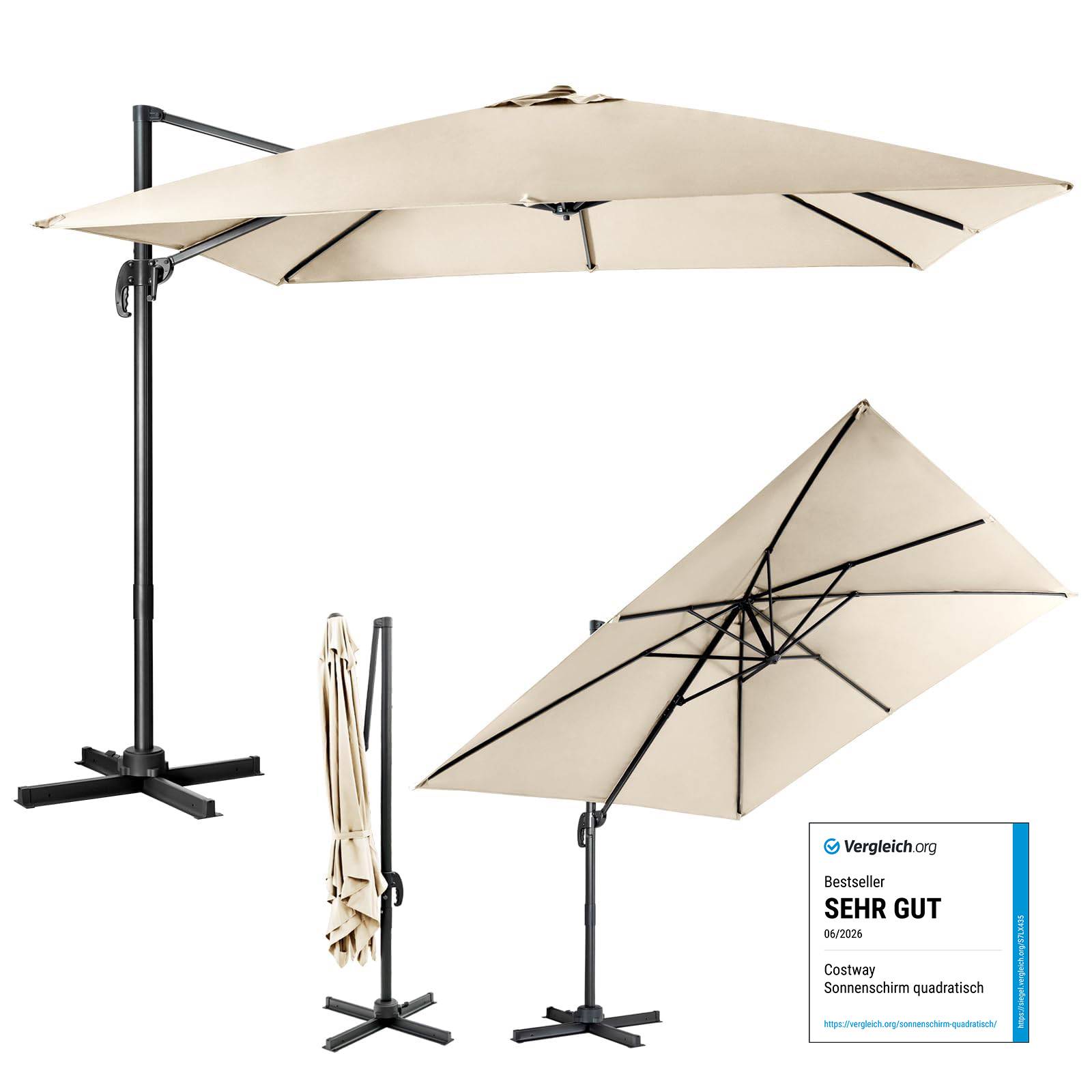 Parasol Déporté Inclinable 3x3M, Parasol de Jardin Extérieur Pliable, Base Croisée Rotatifà 360° Protection UV, Beige - Image 1