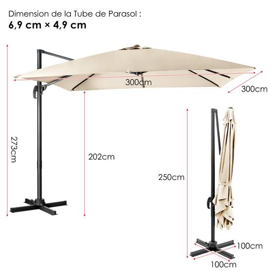Parasol Déporté Inclinable 3x3M, Parasol de Jardin Extérieur Pliable, Base Croisée Rotatifà 360° Protection UV, Beige - Image 3
