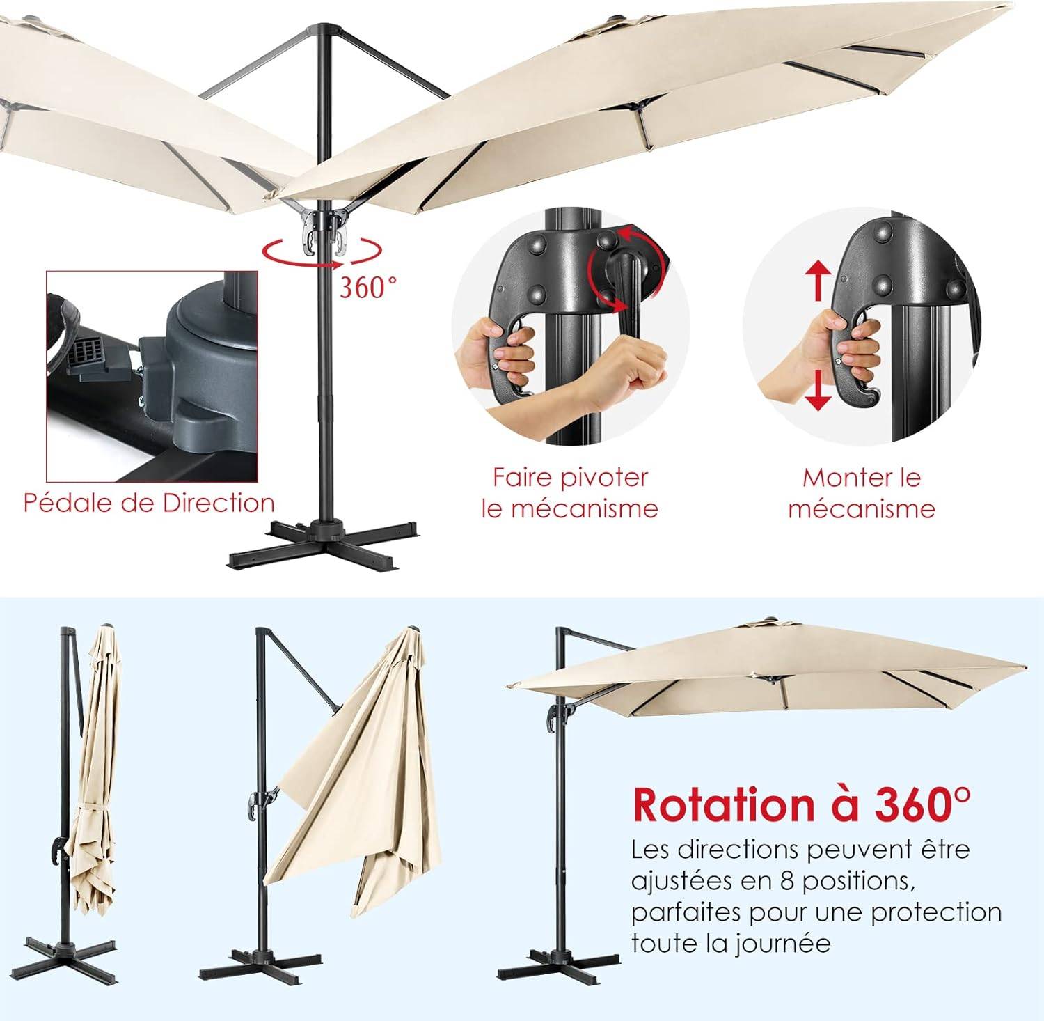 Parasol Déporté Inclinable 3x3M, Parasol de Jardin Extérieur Pliable, Base Croisée Rotatifà 360° Protection UV, Beige - Image 4
