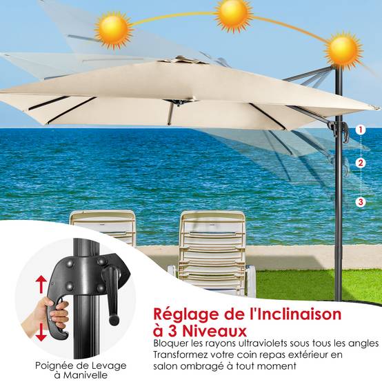 Parasol Déporté Inclinable 3x3M, Parasol de Jardin Extérieur Pliable, Base Croisée Rotatifà 360° Protection UV, Beige - Image 7