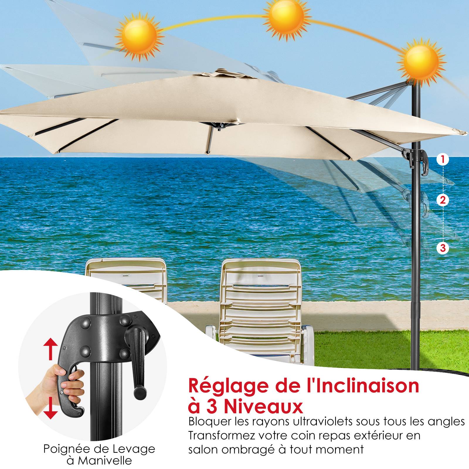 Parasol Déporté Inclinable 3x3M, Parasol de Jardin Extérieur Pliable, Base Croisée Rotatifà 360° Protection UV, Beige - Image 7