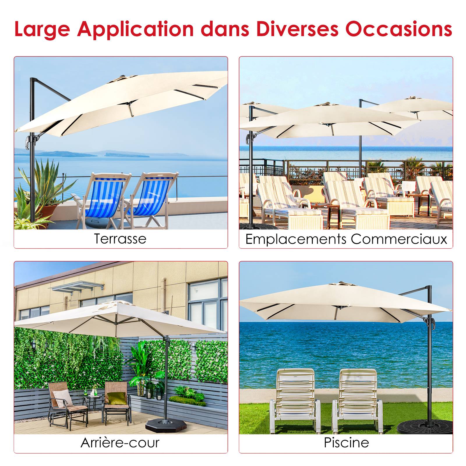 Parasol Déporté Inclinable 3x3M, Parasol de Jardin Extérieur Pliable, Base Croisée Rotatifà 360° Protection UV, Beige - Image 8