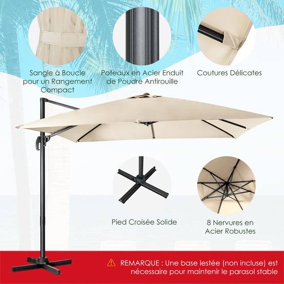 Parasol Déporté Inclinable 3x3M, Parasol de Jardin Extérieur Pliable, Base Croisée Rotatifà 360° Protection UV, Beige - Image 6