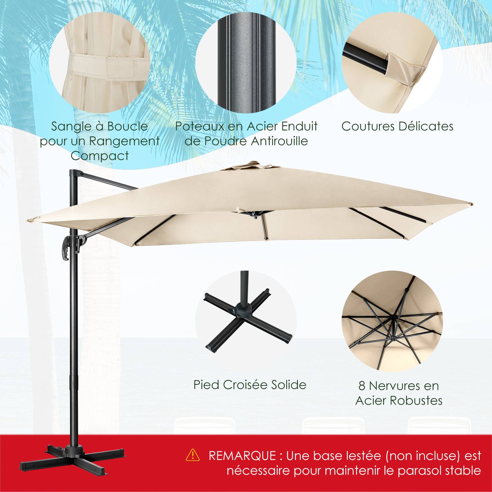 Parasol Déporté Inclinable 3x3M, Parasol de Jardin Extérieur Pliable, Base Croisée Rotatifà 360° Protection UV, Beige - Image 6