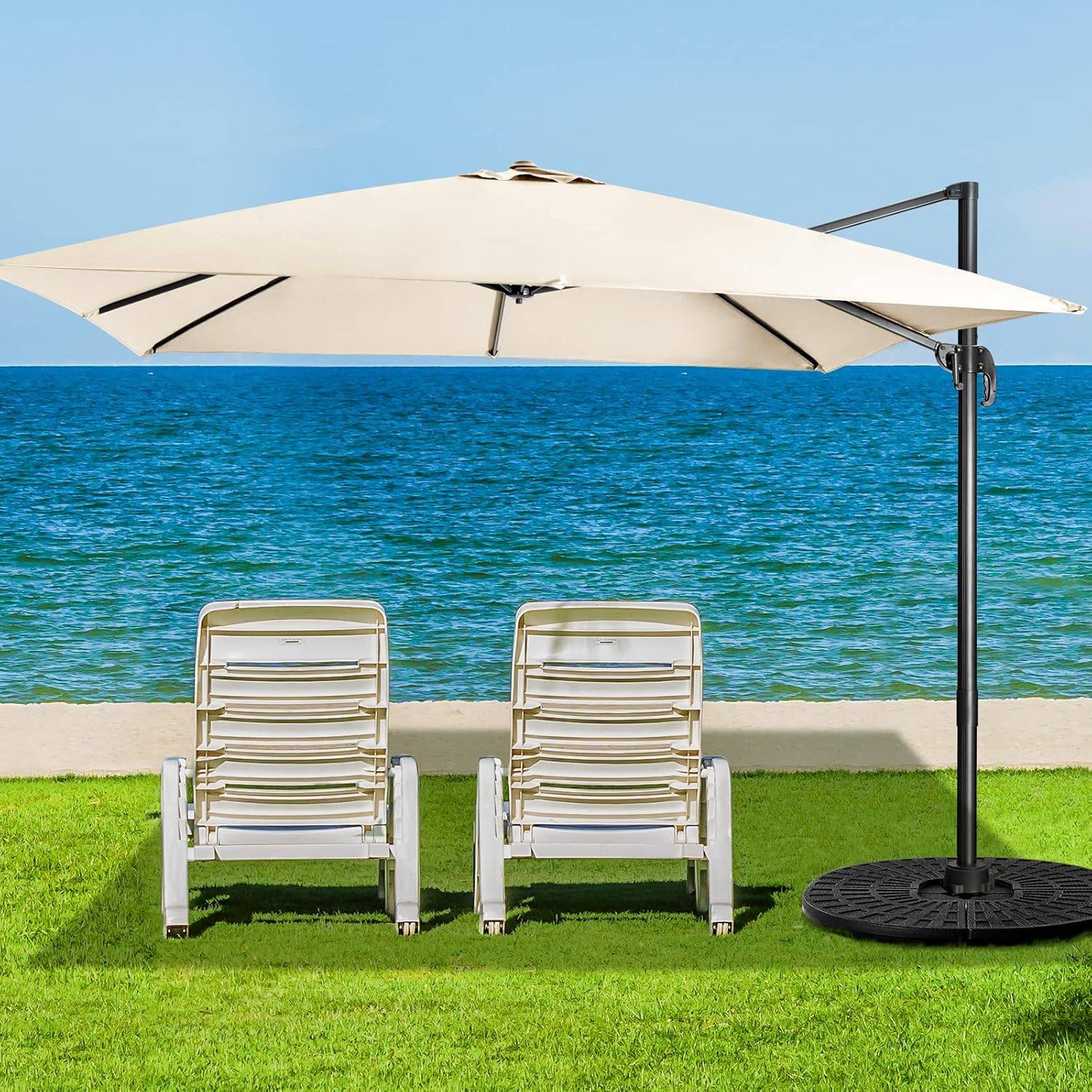 Parasol Déporté Inclinable 3x3M, Parasol de Jardin Extérieur Pliable, Base Croisée Rotatifà 360° Protection UV, Beige - Image 10