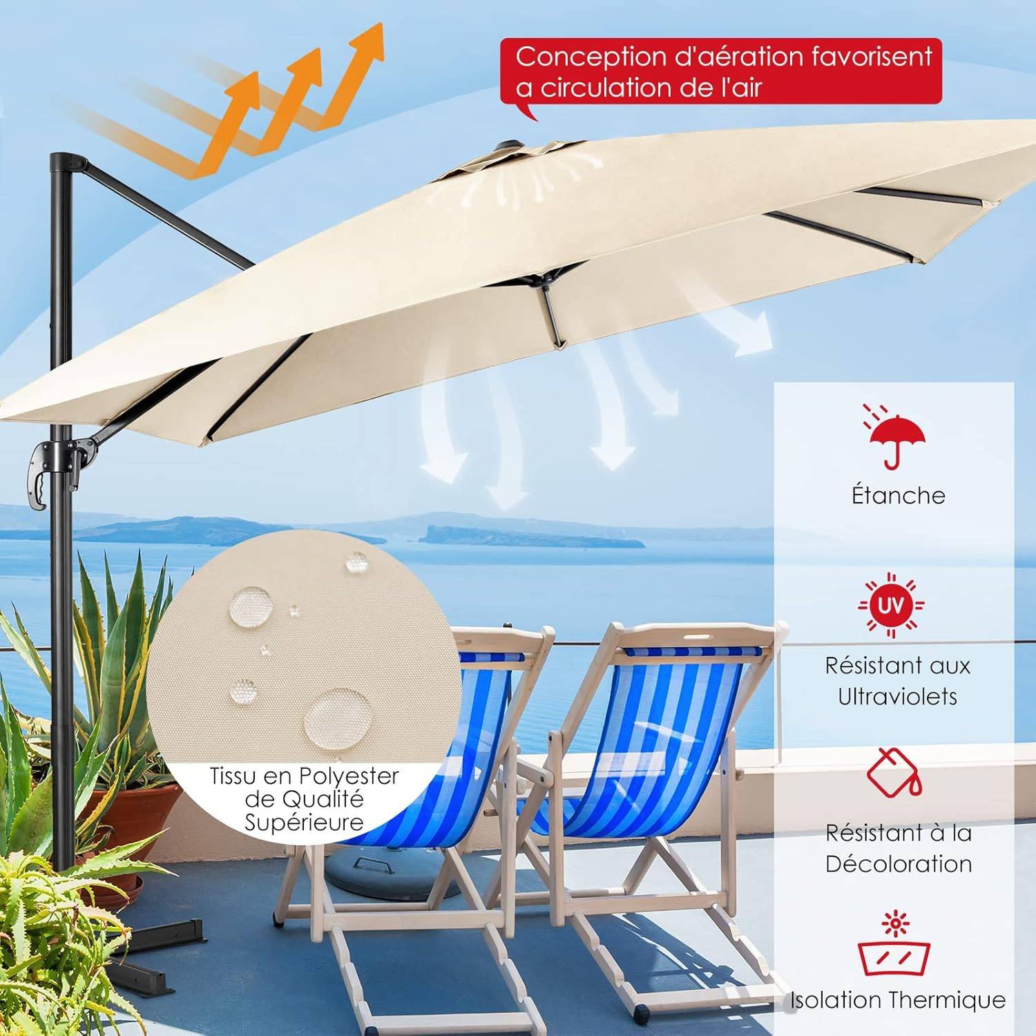 Parasol Déporté Inclinable 3x3M, Parasol de Jardin Extérieur Pliable, Base Croisée Rotatifà 360° Protection UV, Beige - Image 5
