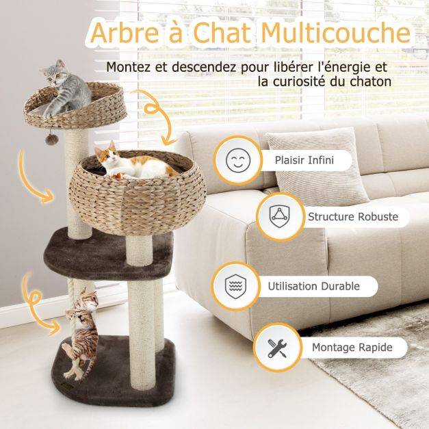 Arbre à chat 45 x 45 x 104 cm avec pompon suspendu corde et griffoirs enveloppés de sisal naturel pour chat/chaton - Image 4