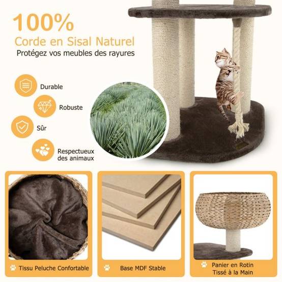 Arbre à chat 45 x 45 x 104 cm avec pompon suspendu corde et griffoirs enveloppés de sisal naturel pour chat/chaton - Image 3