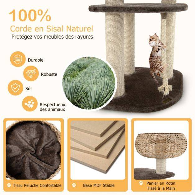 Arbre à chat 45 x 45 x 104 cm avec pompon suspendu corde et griffoirs enveloppés de sisal naturel pour chat/chaton - Image 3