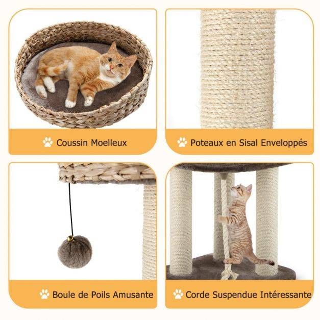 Arbre à chat 45 x 45 x 104 cm avec pompon suspendu corde et griffoirs enveloppés de sisal naturel pour chat/chaton - Image 2