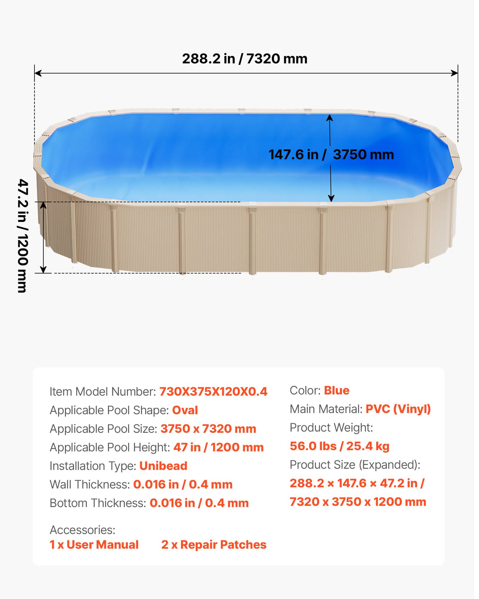 Vevor - VEVOR Liner piscine hors-sol ovale 375x732 cm hauteur 120 cm, PVC 0,4 mm, Unibead, anti-UV, anti-déchirure, bleu - Image 6