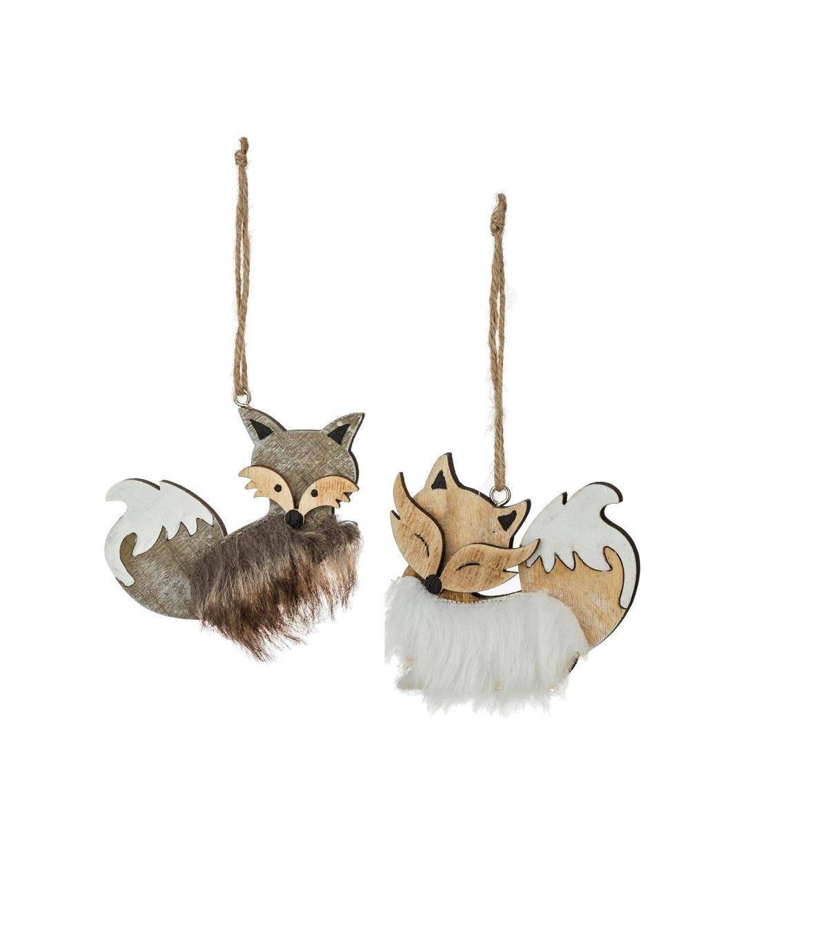 Fééric Lights & Christmas - Lot de 2 Sujets de Noël Renard en Bois et Fourrure H 10 cm - Image 1