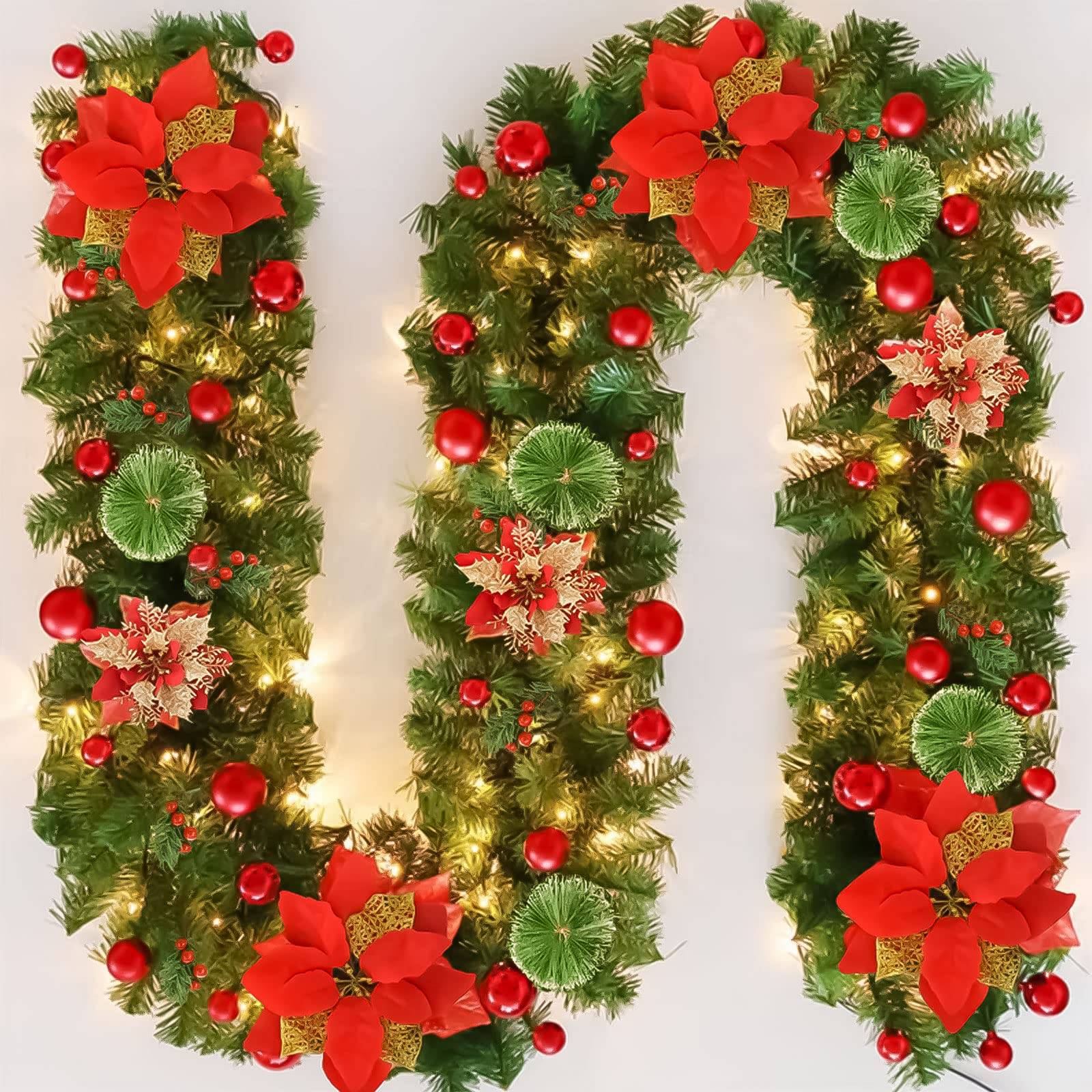 Guirlande de Noël de 180 cm avec lumières LED, décoration de Noël, couronne de Noël artificielle illuminée avec fleurs, décorations pour sapin de Noël - Image 1
