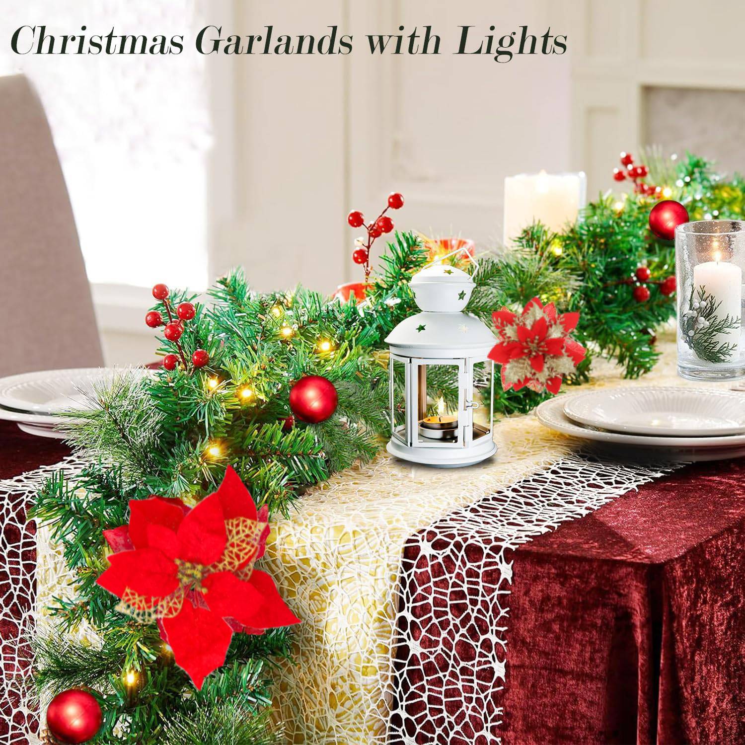 Guirlande de Noël de 180 cm avec lumières LED, décoration de Noël, couronne de Noël artificielle illuminée avec fleurs, décorations pour sapin de Noël - Image 8