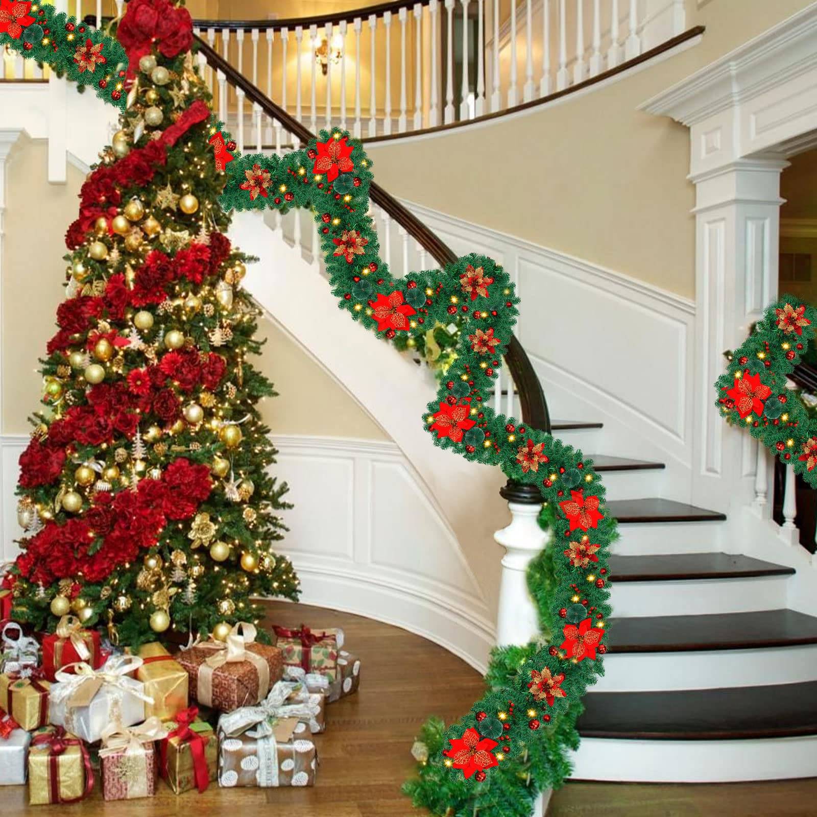 Guirlande de Noël de 180 cm avec lumières LED, décoration de Noël, couronne de Noël artificielle illuminée avec fleurs, décorations pour sapin de Noël - Image 3