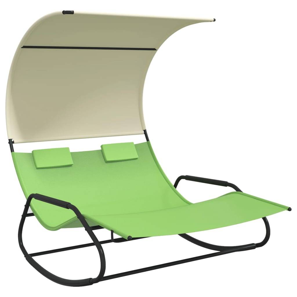 Helloshop26 - Transat chaise longue bain de soleil lit de jardin terrasse meuble d'extérieur double à bascule avec auvent vert et crème - Image 1