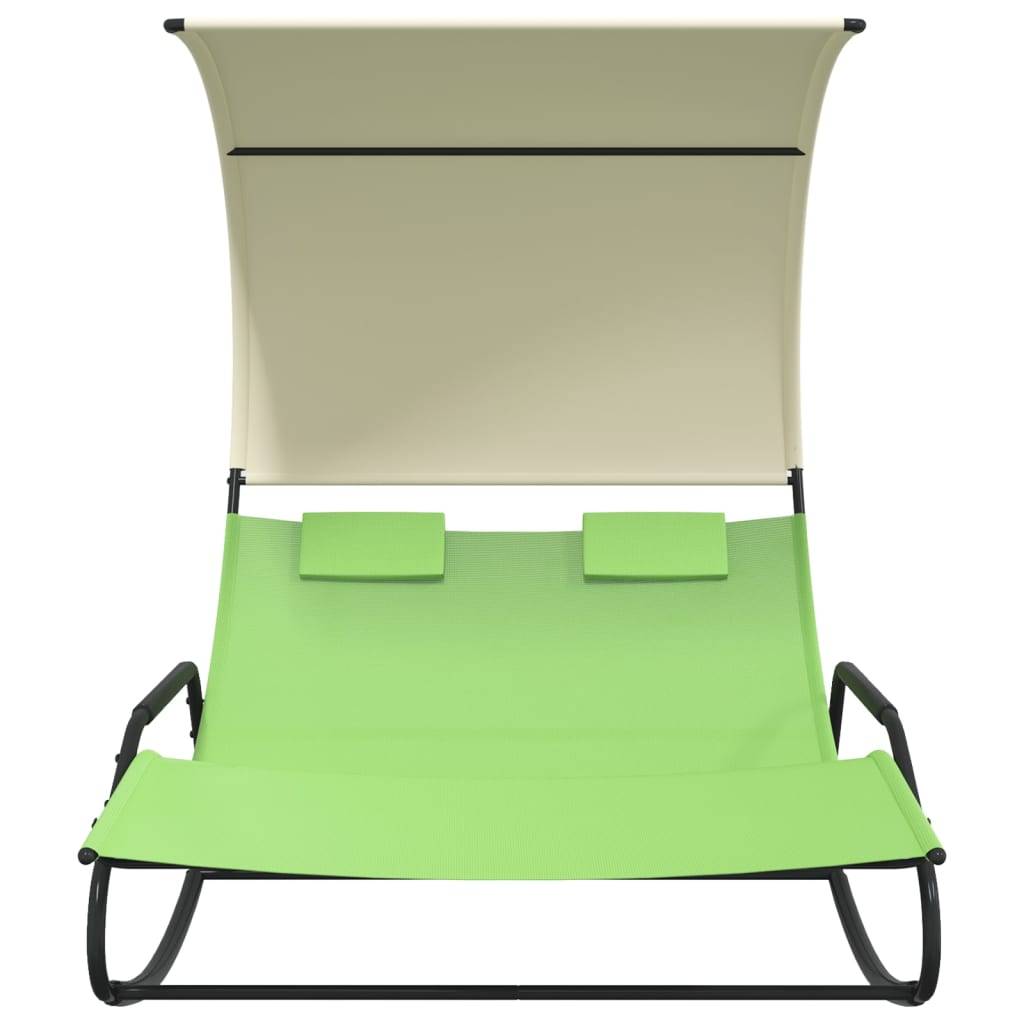 Helloshop26 - Transat chaise longue bain de soleil lit de jardin terrasse meuble d'extérieur double à bascule avec auvent vert et crème - Image 2