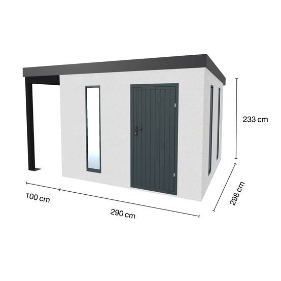 Abri de jardin en métal finition crépi 2900 x 2980 mm blanc avec auvent à gauche 1000 x 2980 mm anthracite - Image 1