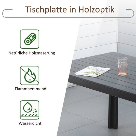 Table de jardin en plastique 190x84,5x72 cm, aspect bois antidérapant, résistante aux intempéries, table de camping et terrasse, noire - Image 7