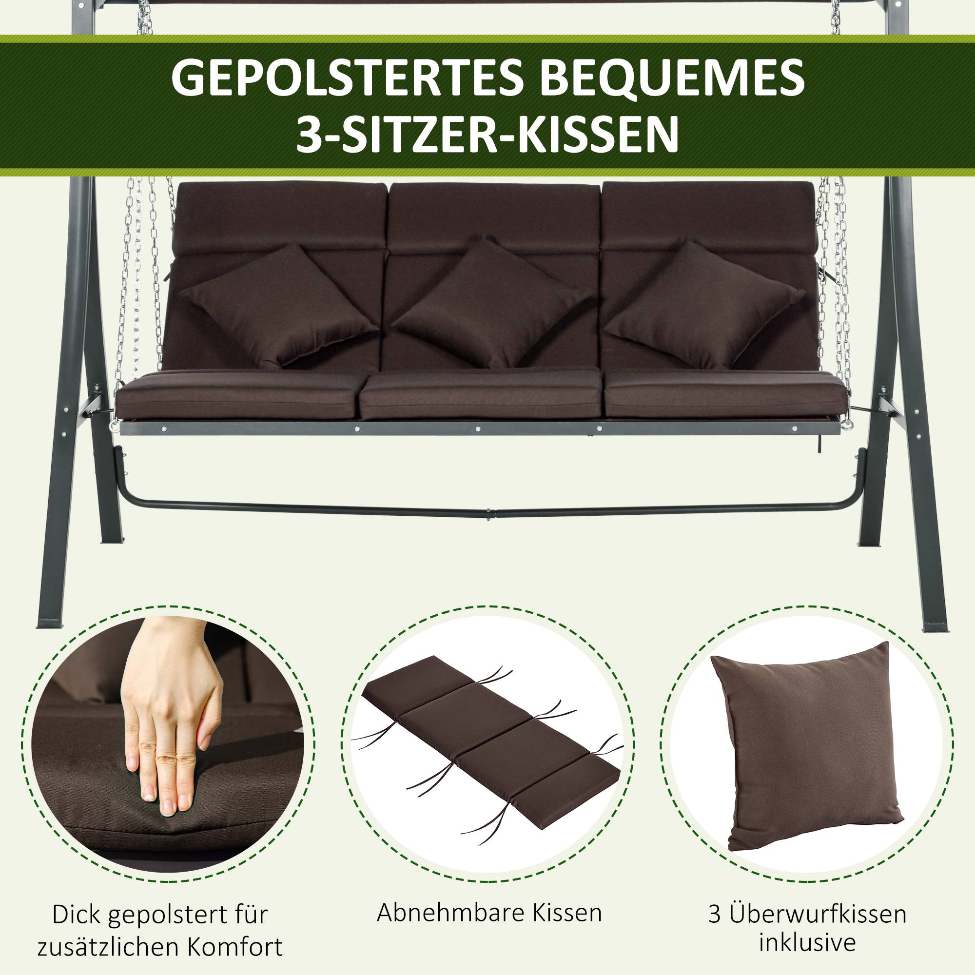 Balancelle de jardin 3 places acier extérieur toit réglable anti-UV 198x118cm marron - ComfortXL Outdoor Living - Image 9