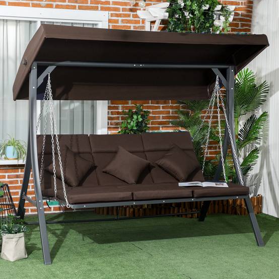 Balancelle de jardin 3 places acier extérieur toit réglable anti-UV 198x118cm marron - ComfortXL Outdoor Living - Image 3