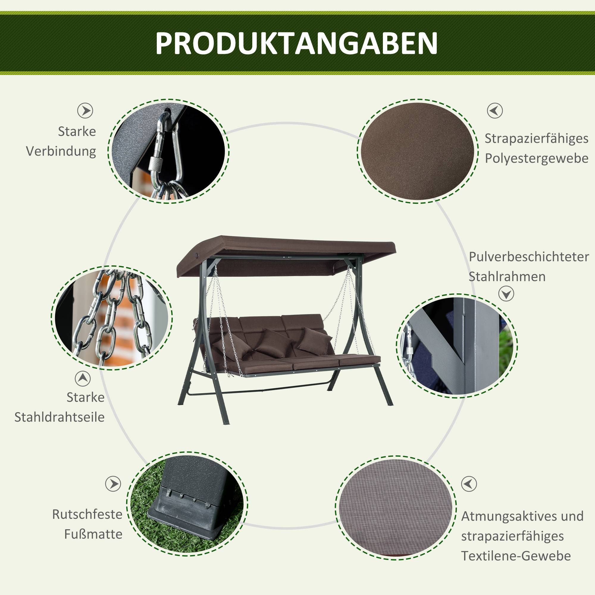 Balancelle de jardin 3 places acier extérieur toit réglable anti-UV 198x118cm marron - ComfortXL Outdoor Living - Image 8