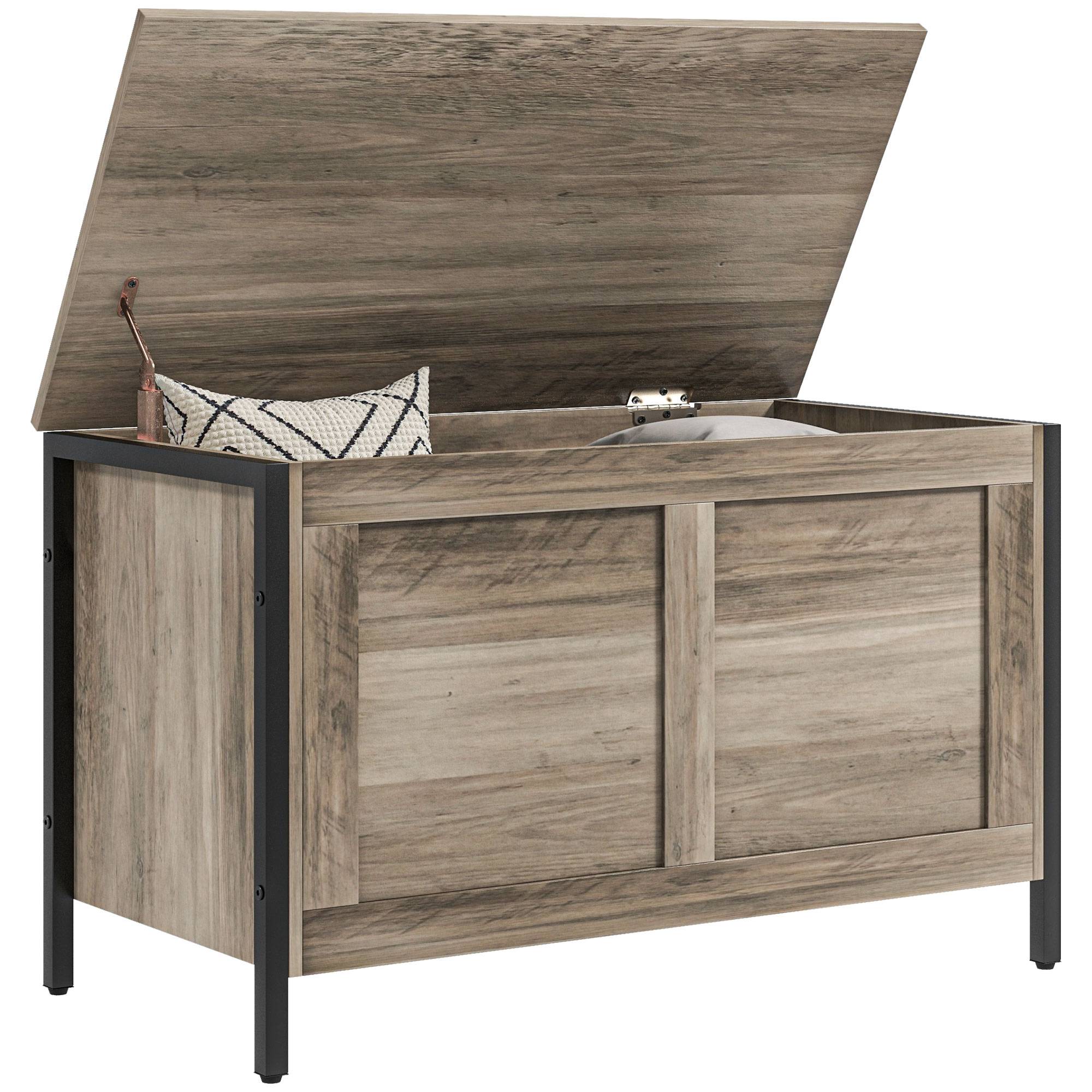 Coffre rangement 95 L avec charnière sécurité, banc coffre multifonction gris chambre entrée salon gain de place 80x40x50 cm - Image 1